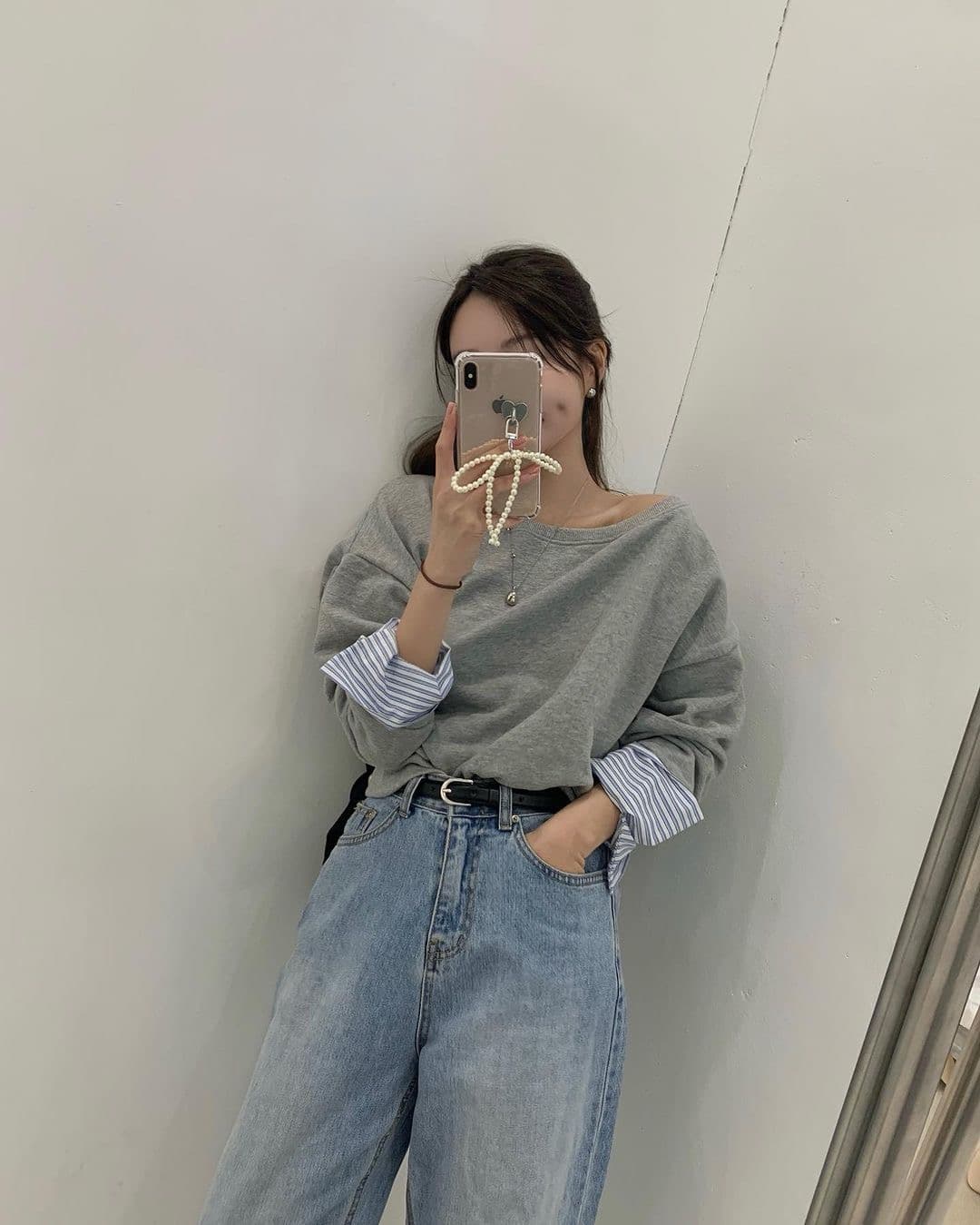 있음 선적 한 부서 보트넥 오프숄더 디자인 센스 패치워크 후드티 상세 이미지 1