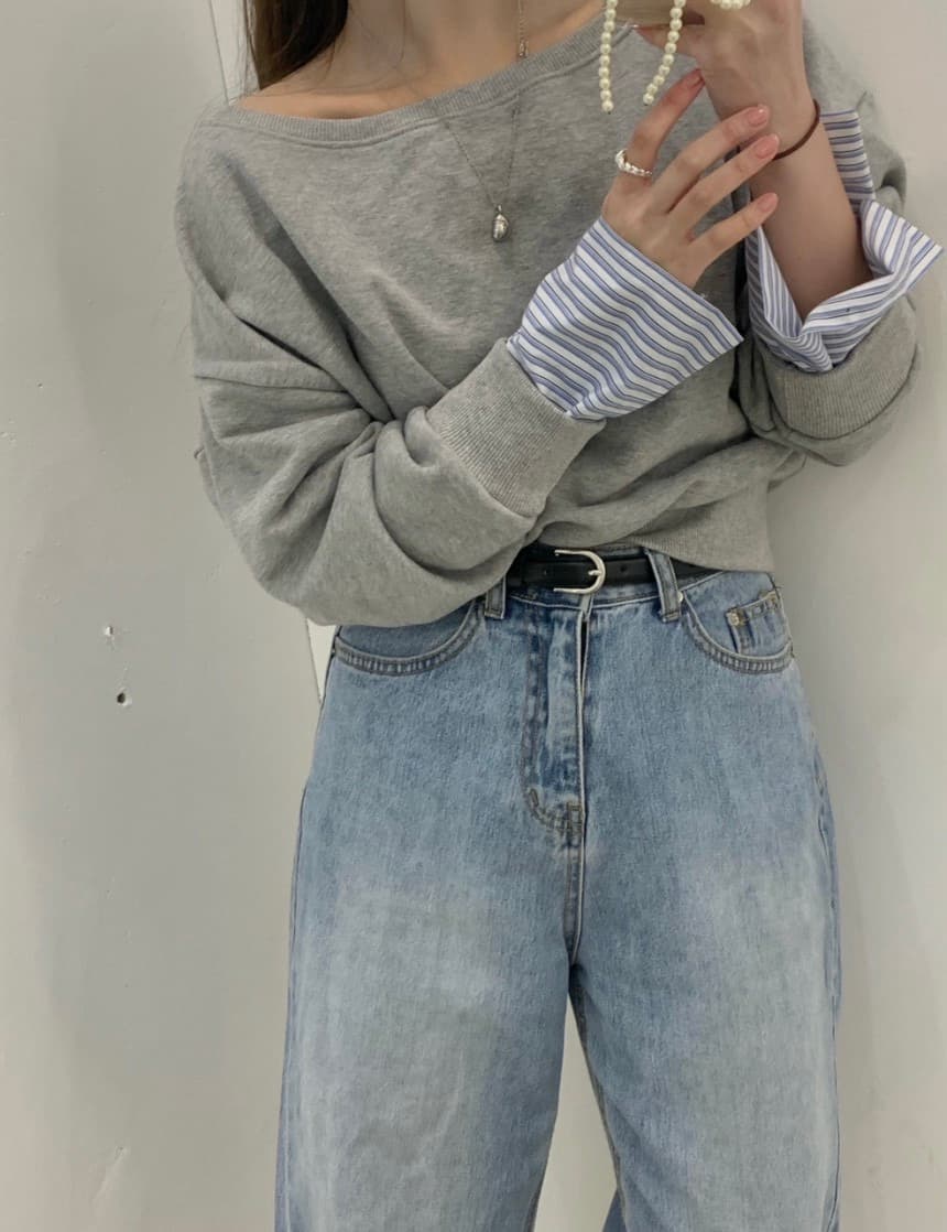 있음 선적 한 부서 보트넥 오프숄더 디자인 센스 패치워크 후드티 상세 이미지 6