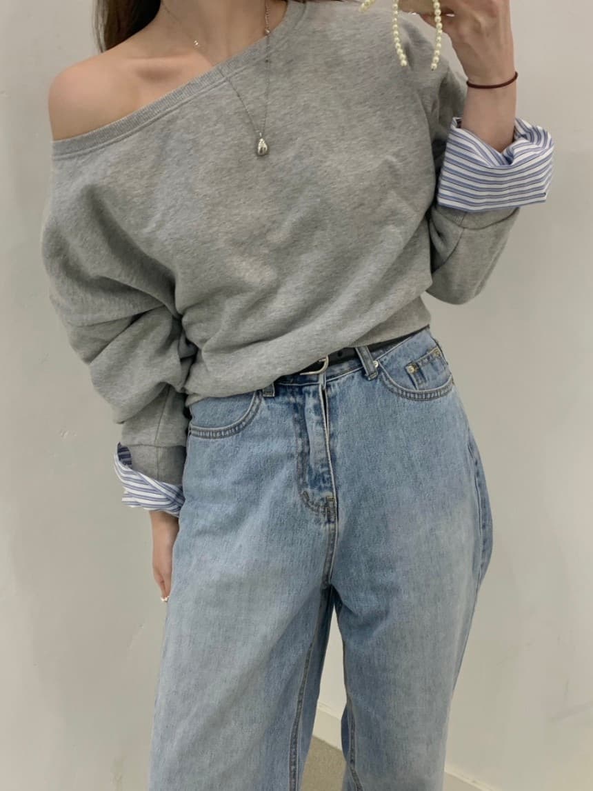 있음 선적 한 부서 보트넥 오프숄더 디자인 센스 패치워크 후드티 상세 이미지 9