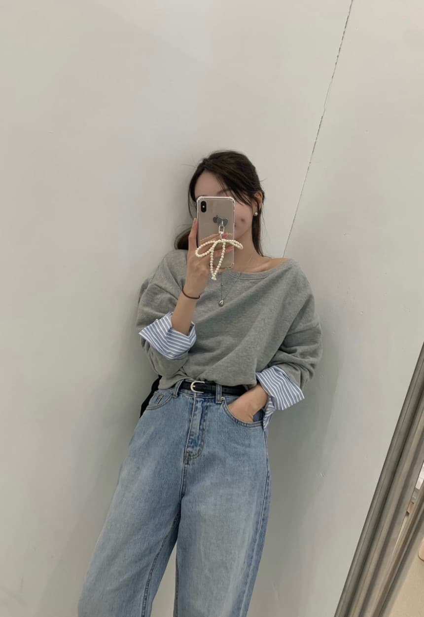 있음 선적 한 부서 보트넥 오프숄더 디자인 센스 패치워크 후드티 상세 이미지 10