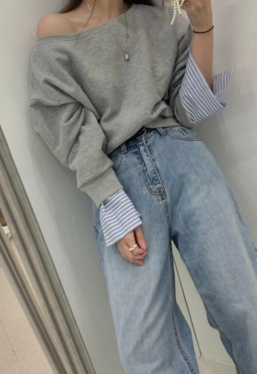 있음 선적 한 부서 보트넥 오프숄더 디자인 센스 패치워크 후드티 상세 이미지 11