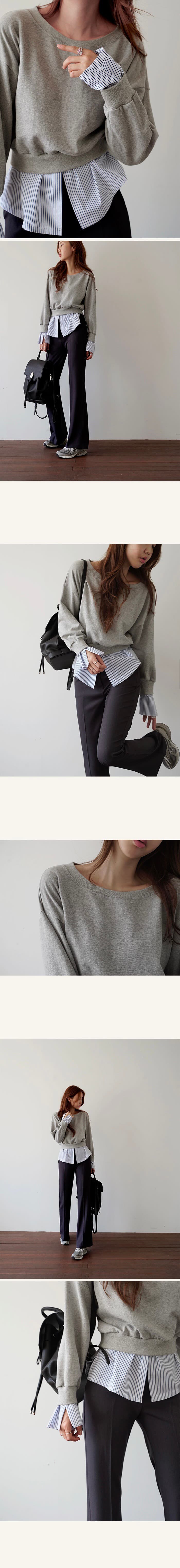 있음 선적 한 부서 둘 색상 페이크 레이어드 보트넥 후드티 커프스 밑단 패치워크 상세 이미지 1
