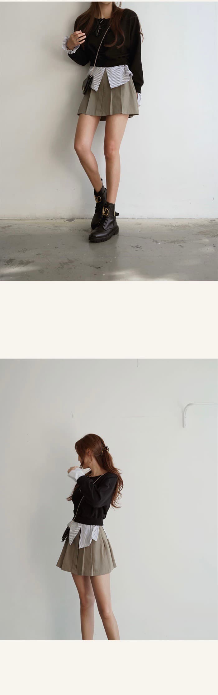 있음 선적 한 부서 둘 색상 페이크 레이어드 보트넥 후드티 커프스 밑단 패치워크 상세 이미지 6