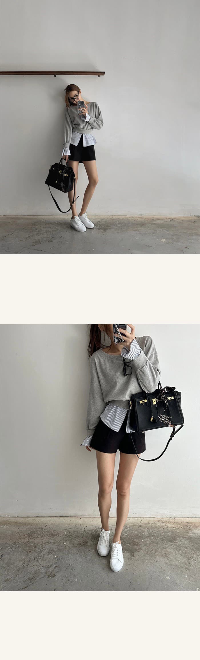 있음 선적 한 부서 둘 색상 페이크 레이어드 보트넥 후드티 커프스 밑단 패치워크 상세 이미지 12