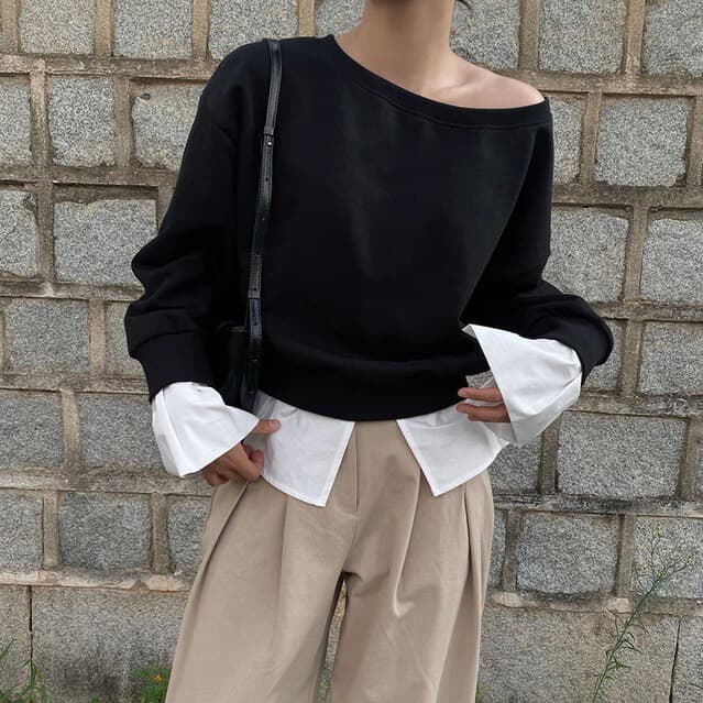있음 선적 한 부서 둘 색상 패치워크 페이크 레이어드 보트넥 보트 칼라 오프숄더 후드티 이미지 2