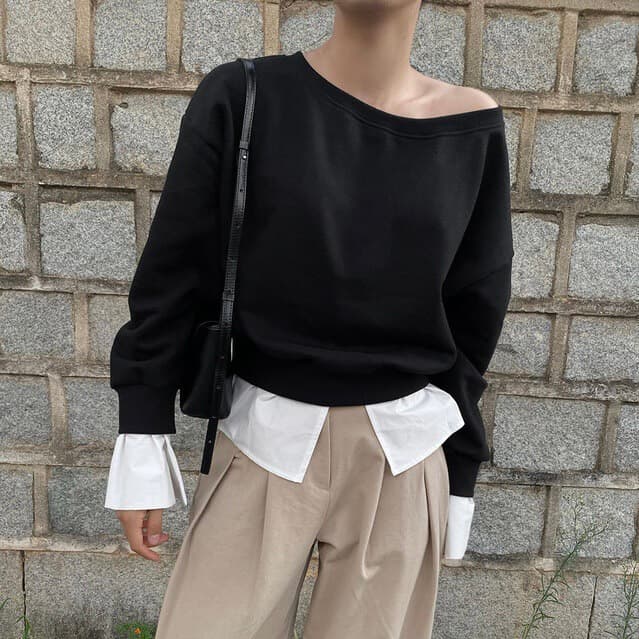 있음 선적 한 부서 둘 색상 패치워크 페이크 레이어드 보트넥 보트 칼라 오프숄더 후드티 이미지 4