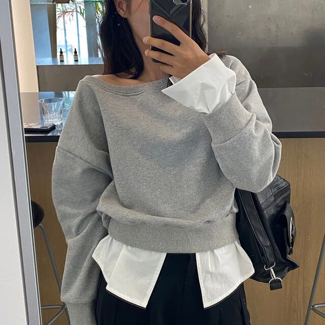 있음 선적 한 부서 둘 색상 패치워크 페이크 레이어드 보트넥 보트 칼라 오프숄더 후드티