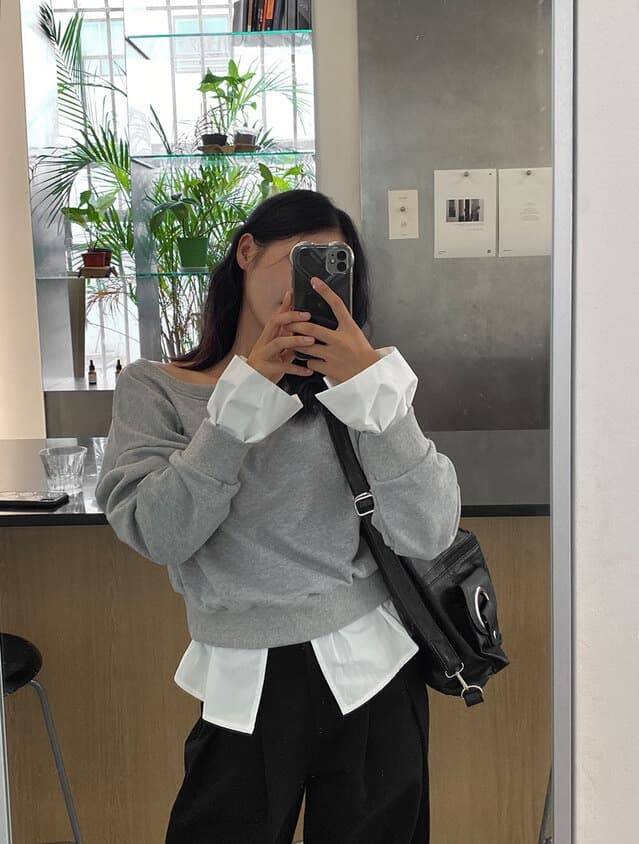 있음 선적 한 부서 둘 색상 패치워크 페이크 레이어드 보트넥 보트 칼라 오프숄더 후드티 상세 이미지 2