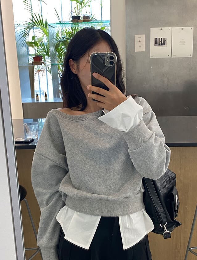 있음 선적 한 부서 둘 색상 패치워크 페이크 레이어드 보트넥 보트 칼라 오프숄더 후드티 상세 이미지 3
