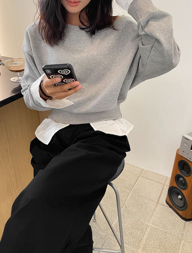 있음 선적 한 부서 둘 색상 패치워크 페이크 레이어드 보트넥 보트 칼라 오프숄더 후드티 상세 이미지 4