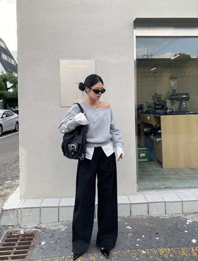 있음 선적 한 부서 둘 색상 패치워크 페이크 레이어드 보트넥 보트 칼라 오프숄더 후드티 상세 이미지 10