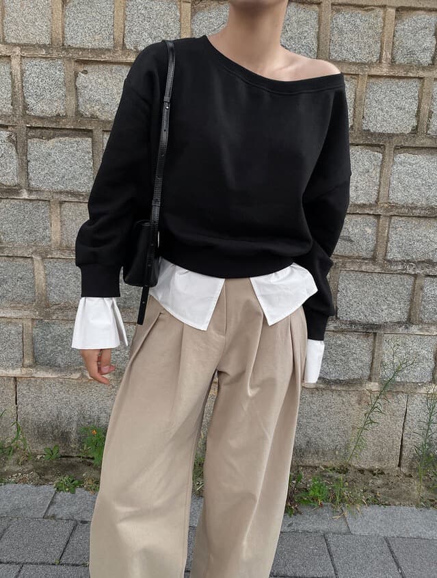 있음 선적 한 부서 둘 색상 패치워크 페이크 레이어드 보트넥 보트 칼라 오프숄더 후드티 상세 이미지 11