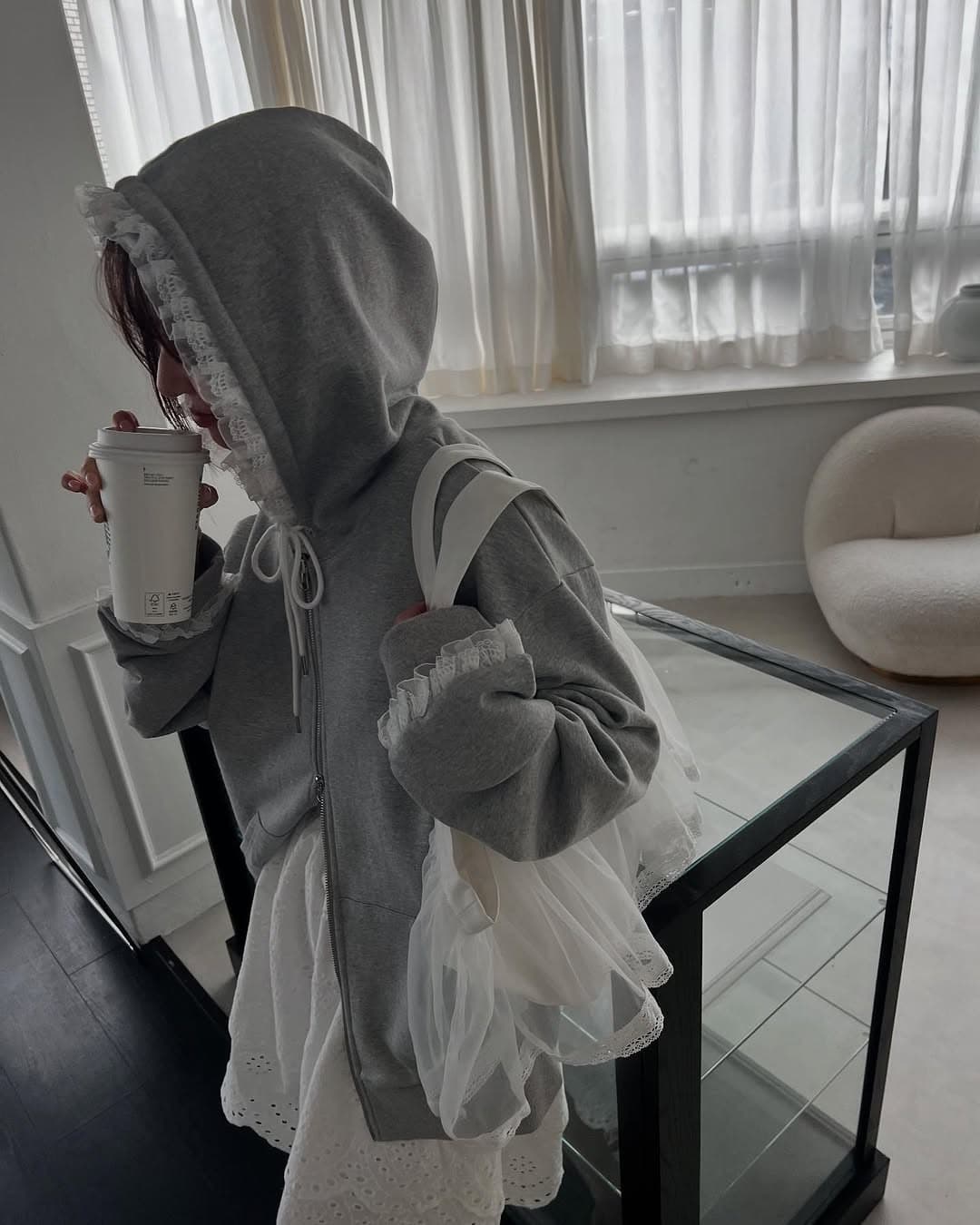 있음 선적 한 부서 둘 색상 캐주얼 레이스 장식 후드 재킷 상세 이미지 8