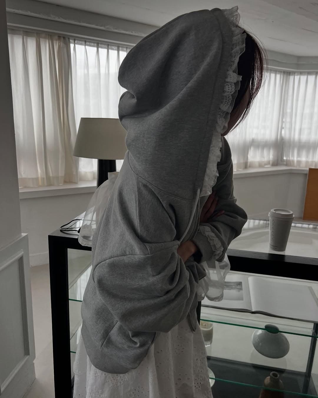 있음 선적 한 부서 둘 색상 캐주얼 레이스 장식 후드 재킷 상세 이미지 14