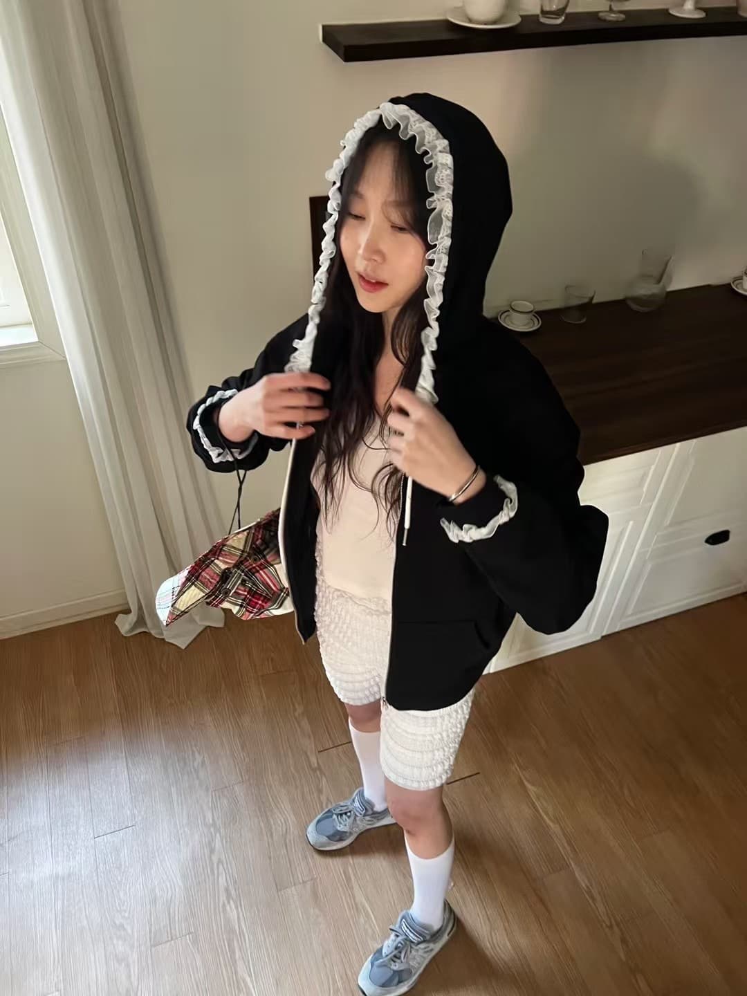 있음 선적 한 부서 둘 색상 캐주얼 레이스 장식 후드 재킷 상세 이미지 23