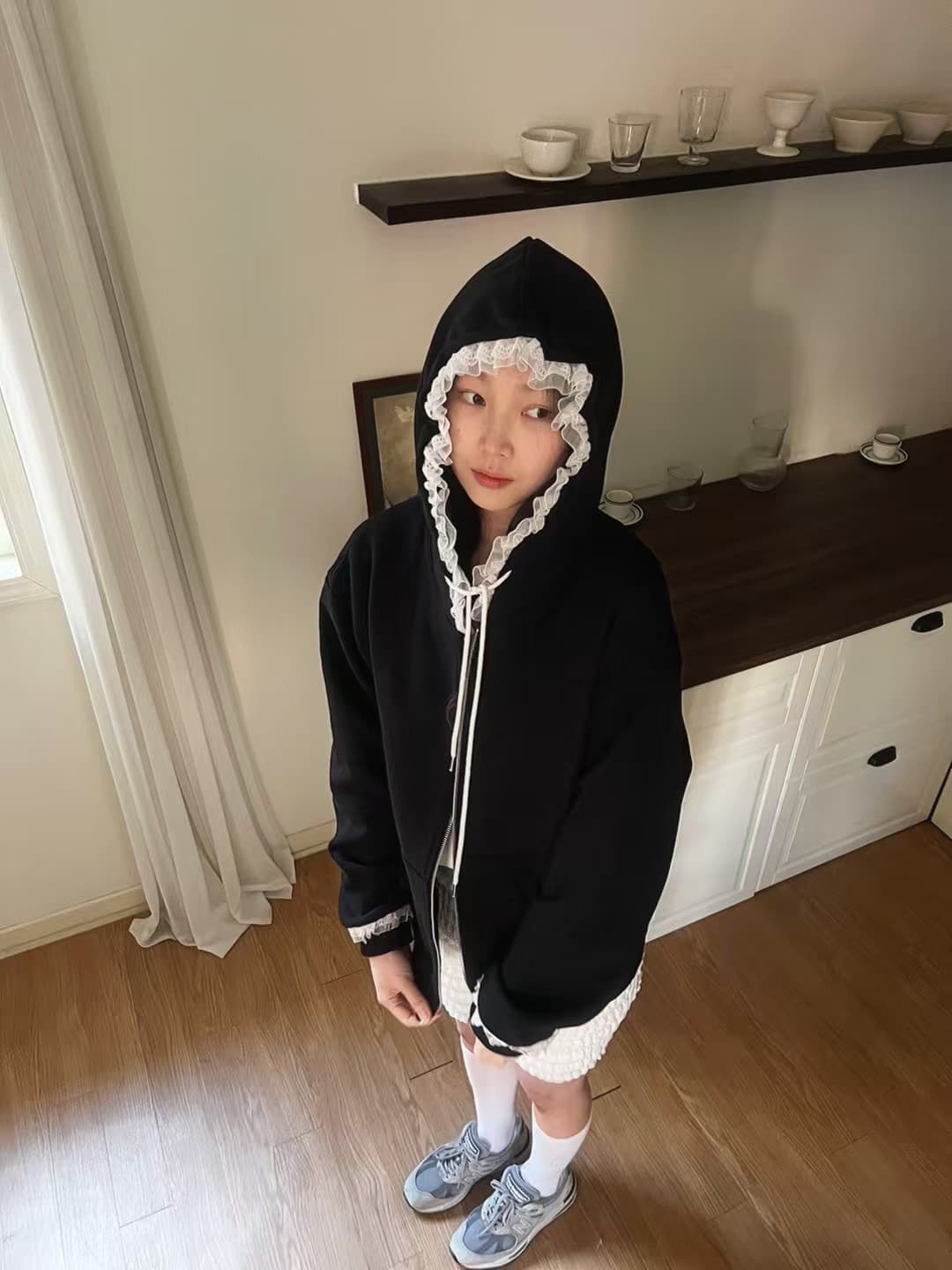 있음 선적 한 부서 둘 색상 캐주얼 레이스 장식 후드 재킷 상세 이미지 25