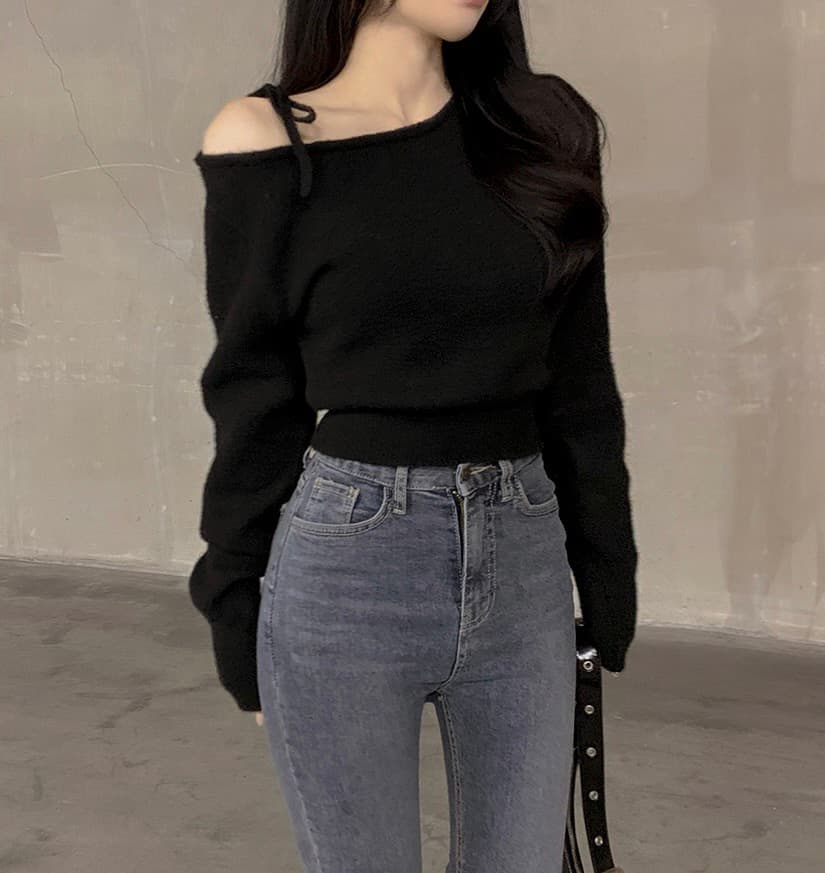 있음 선적 한 부서 비스듬한 어깨 레이스업 털 니트 스웨터 풀오버 상세 이미지 1