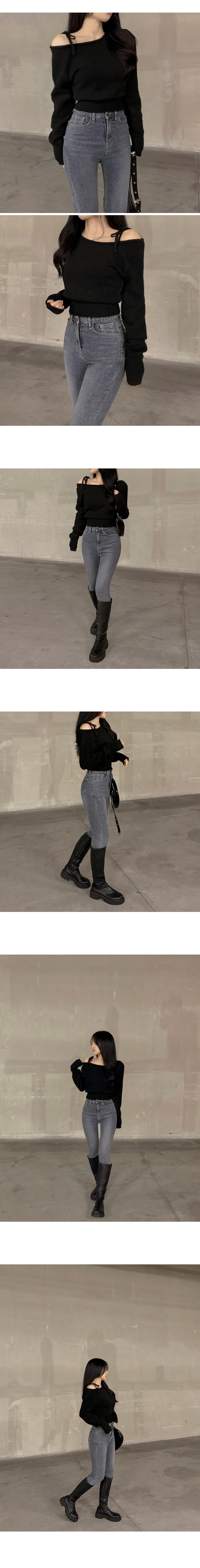 있음 선적 한 부서 비스듬한 어깨 레이스업 털 니트 스웨터 풀오버 상세 이미지 4