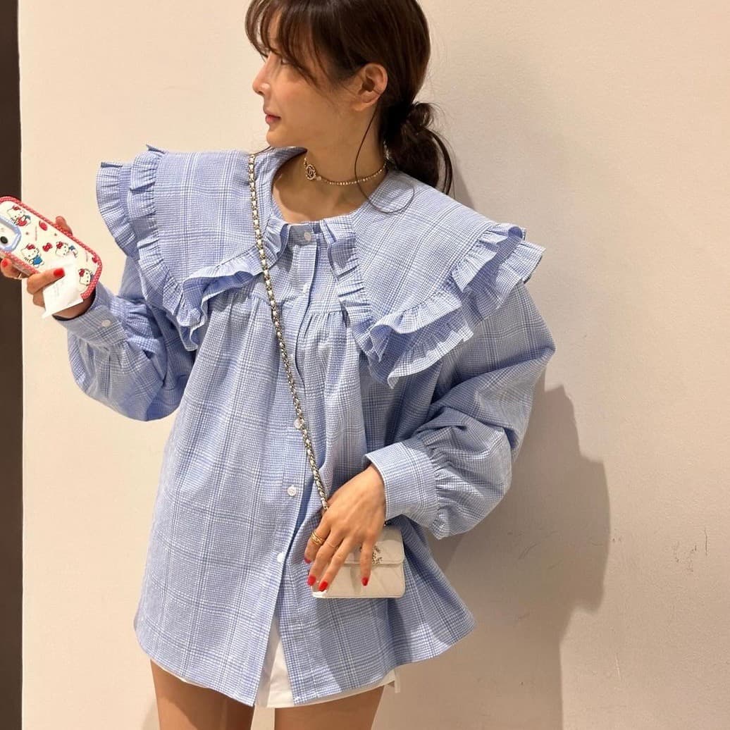 있음 선적 한 부서 체크무늬 베이비 칼라 폴로 칼라 프릴 루즈핏 셔츠