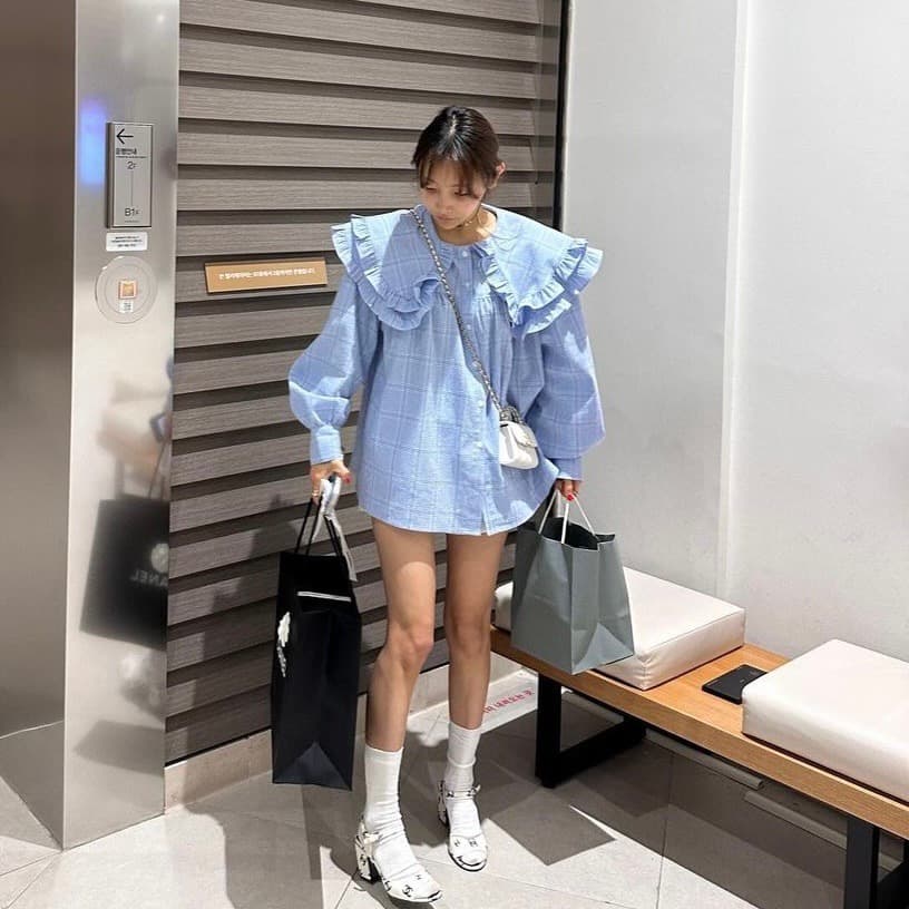 있음 선적 한 부서 체크무늬 베이비 칼라 폴로 칼라 프릴 루즈핏 셔츠 이미지 3