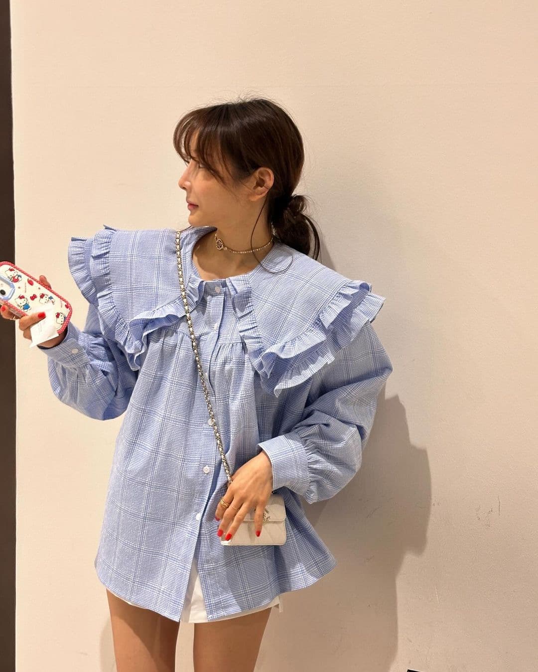 있음 선적 한 부서 체크무늬 베이비 칼라 폴로 칼라 프릴 루즈핏 셔츠 상세 이미지 5