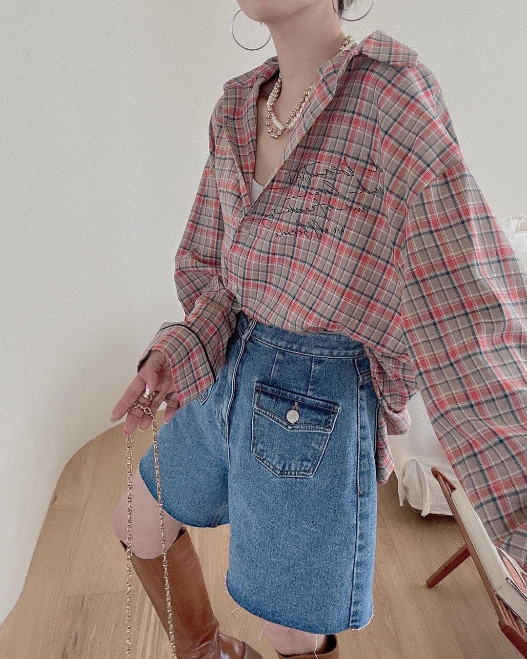 있음 선적 둘 색상 한 부서 캐주얼 프린트 루즈핏 셔츠 이미지 2