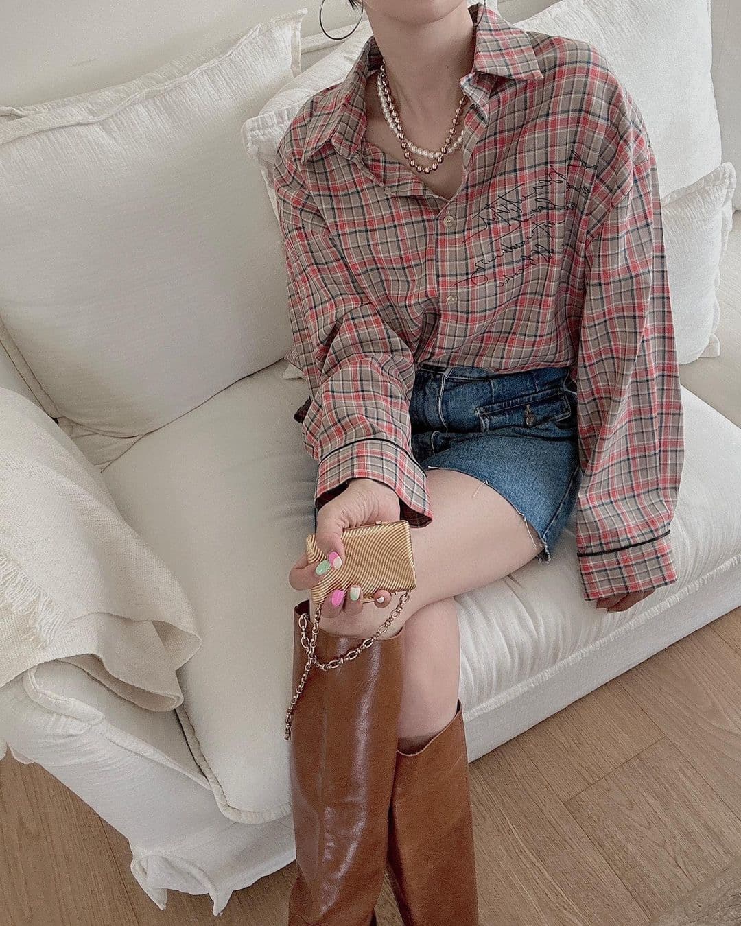 있음 선적 둘 색상 한 부서 캐주얼 프린트 루즈핏 셔츠 상세 이미지 5