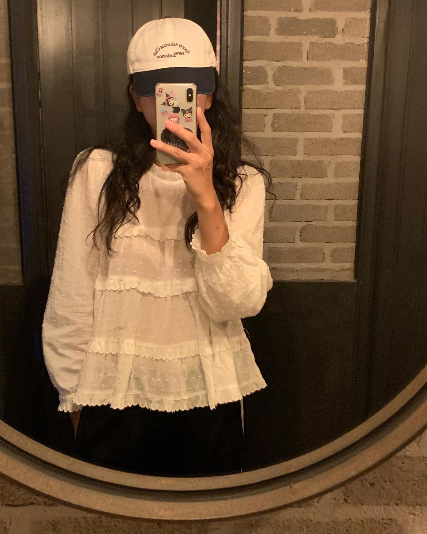 있음 선적 한 부서 달콤함 계단식 패치워크 레이스 루즈핏 라운드 넥 긴팔 맨위 이미지 2
