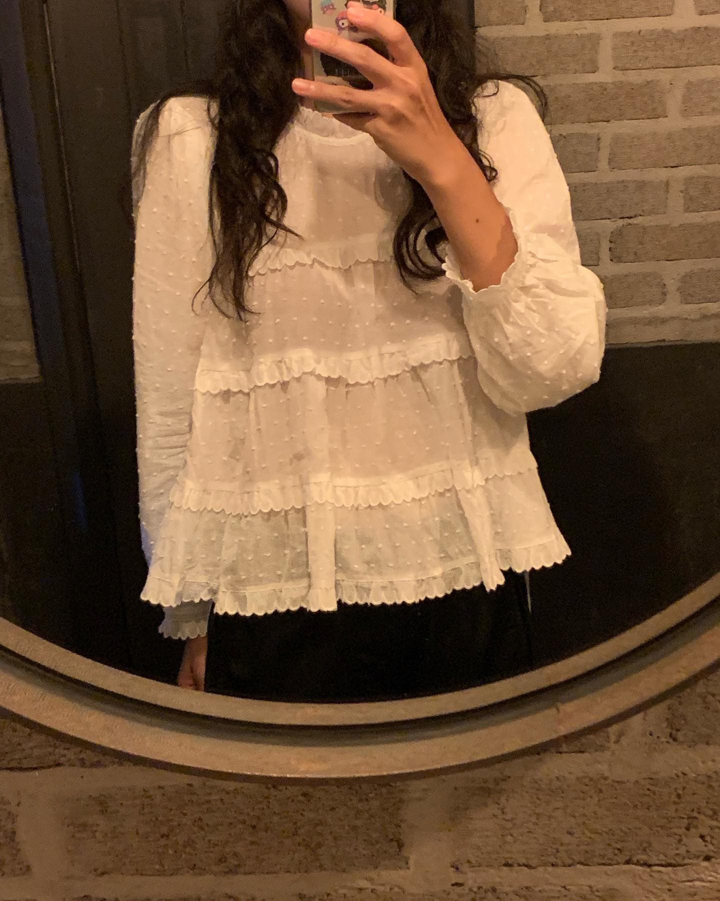 있음 선적 한 부서 달콤함 계단식 패치워크 레이스 루즈핏 라운드 넥 긴팔 맨위 이미지 4