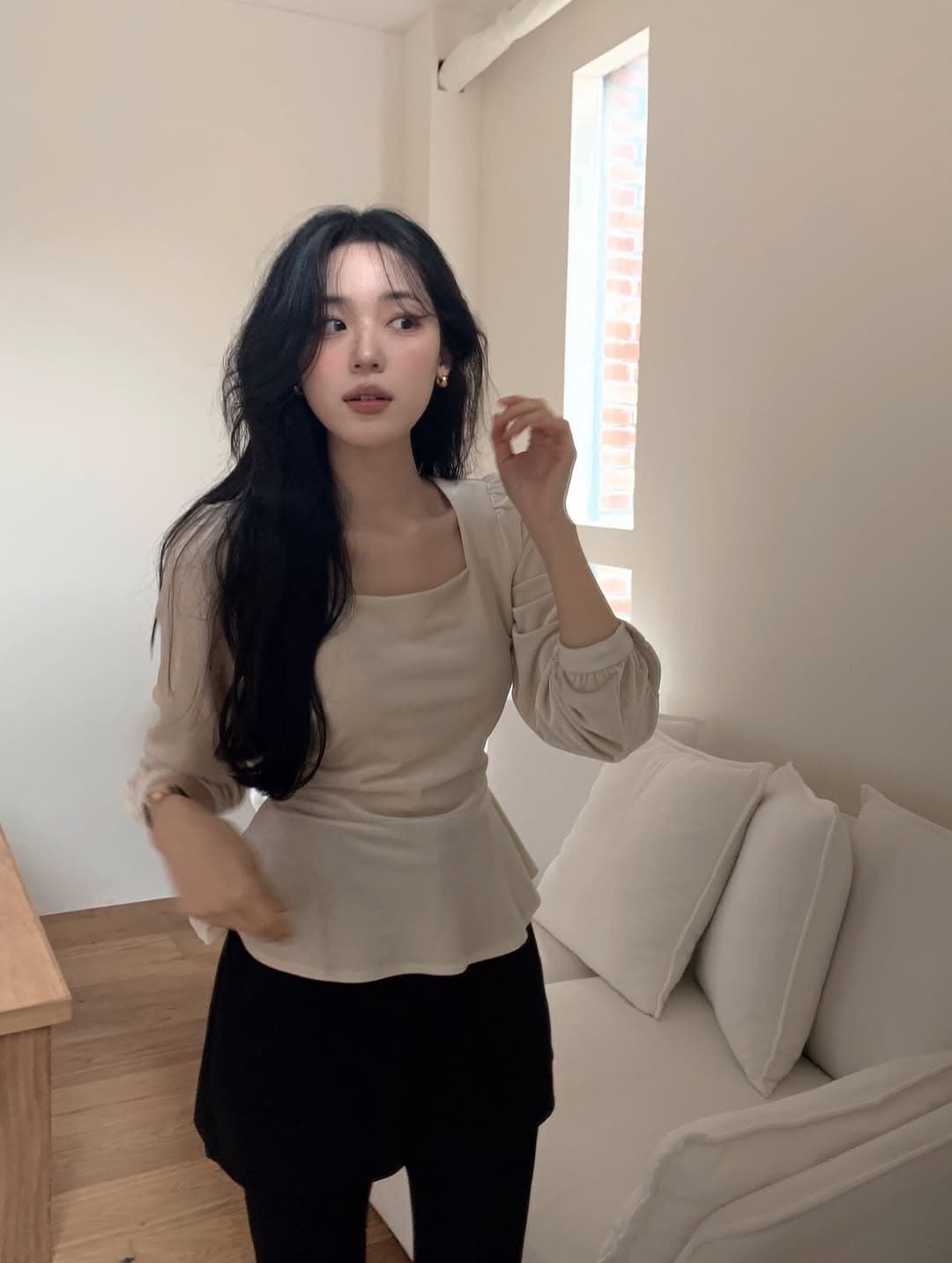 있음 선적 한 부서 둘 색상 벨벳 광장 칼라 허리 수축 긴팔 맨위