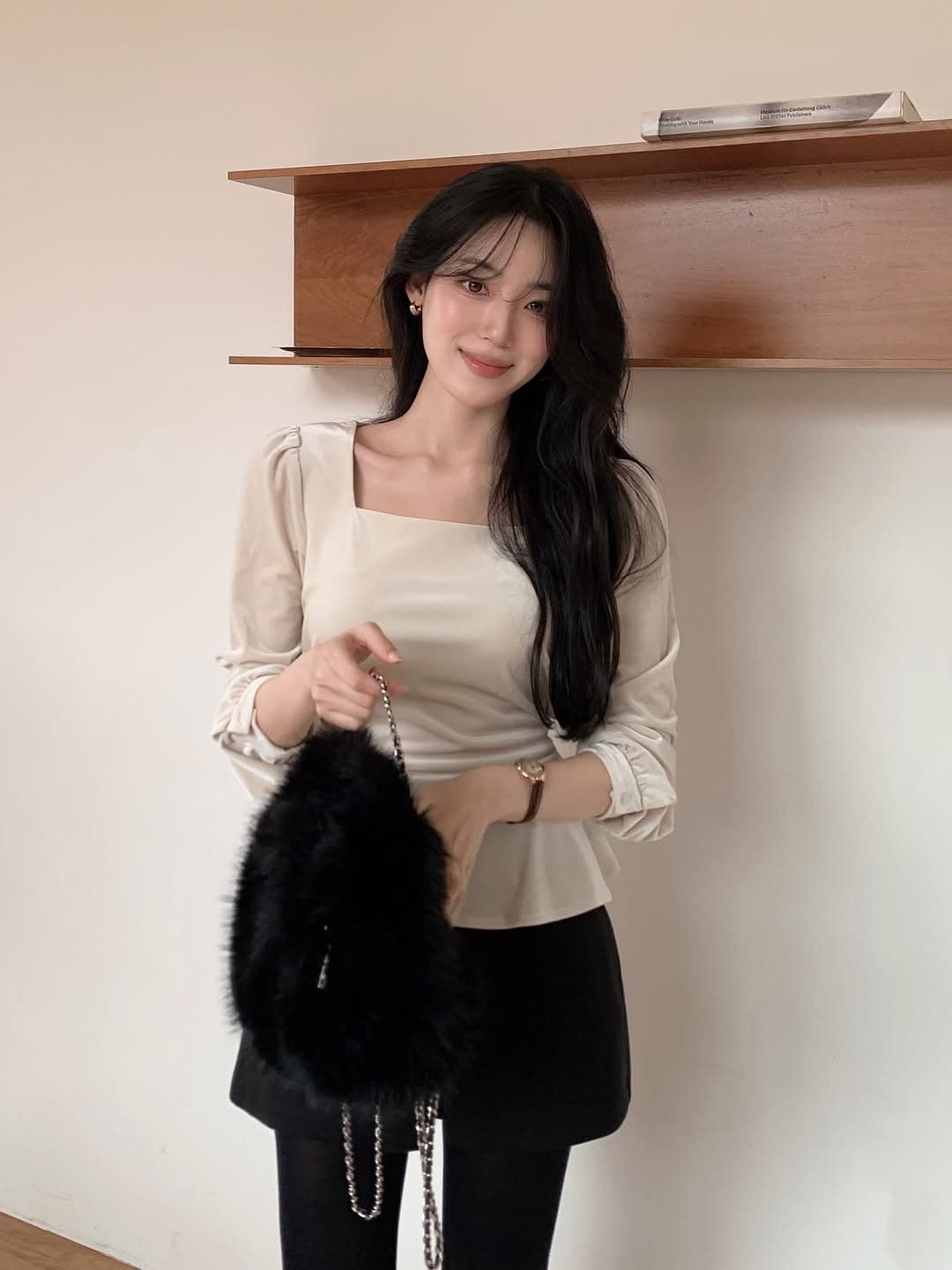 있음 선적 한 부서 둘 색상 벨벳 광장 칼라 허리 수축 긴팔 맨위 상세 이미지 3