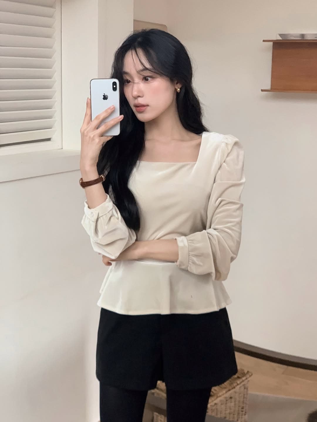 있음 선적 한 부서 둘 색상 벨벳 광장 칼라 허리 수축 긴팔 맨위 상세 이미지 5