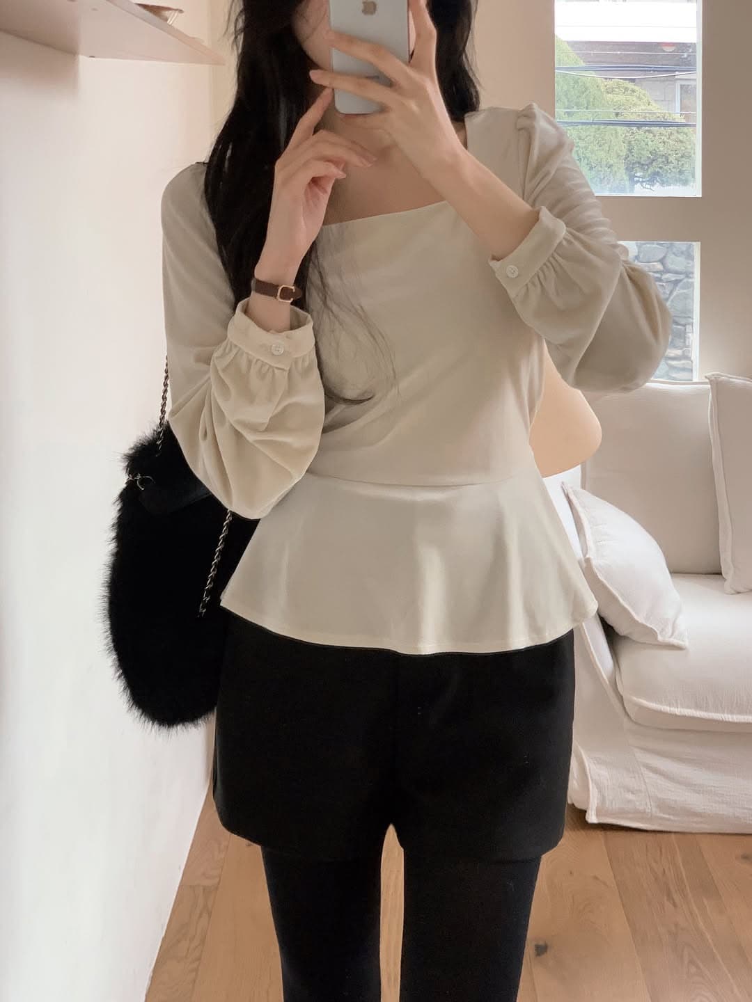있음 선적 한 부서 둘 색상 벨벳 광장 칼라 허리 수축 긴팔 맨위 상세 이미지 6