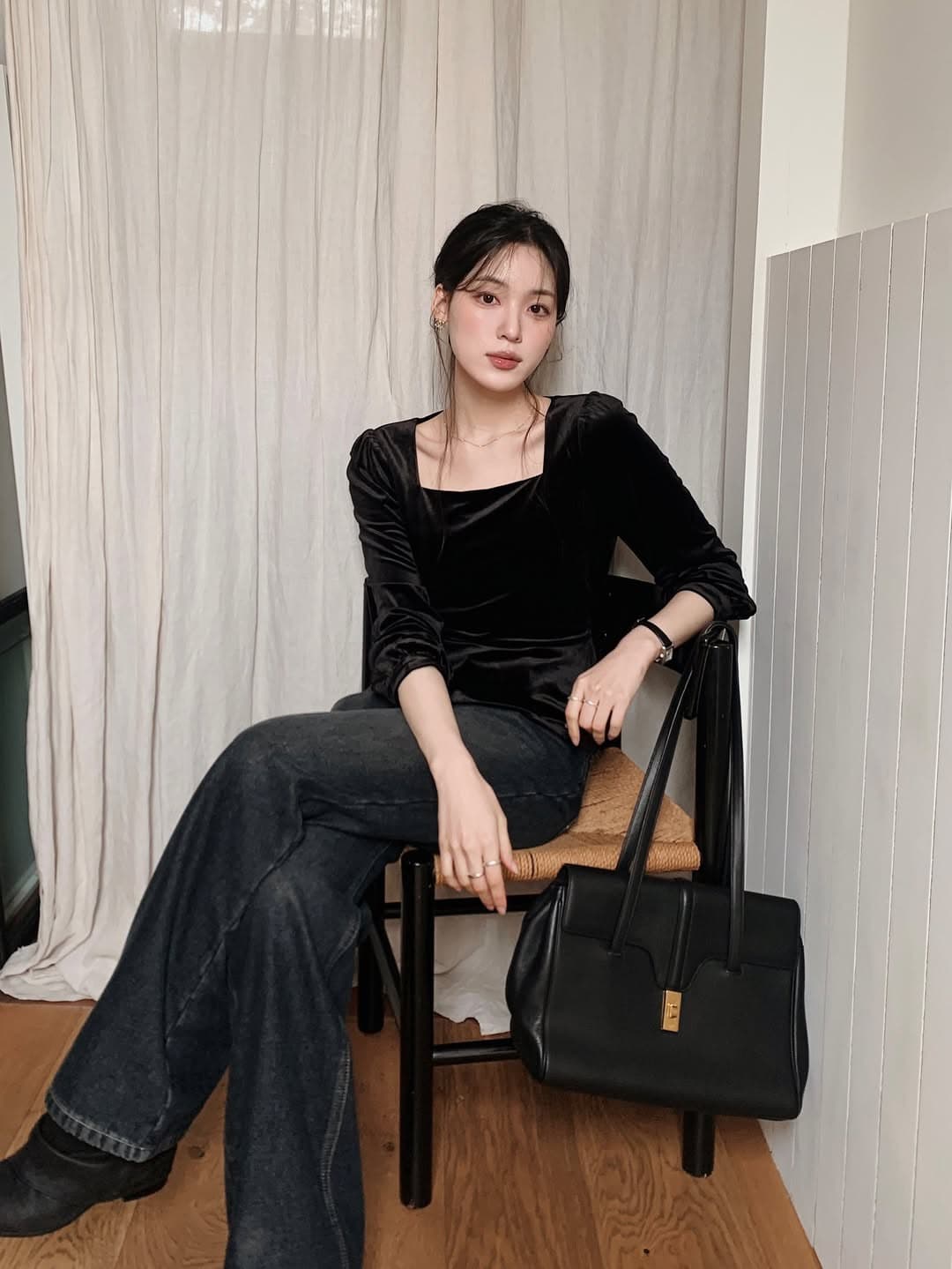 있음 선적 한 부서 둘 색상 벨벳 광장 칼라 허리 수축 긴팔 맨위 상세 이미지 9