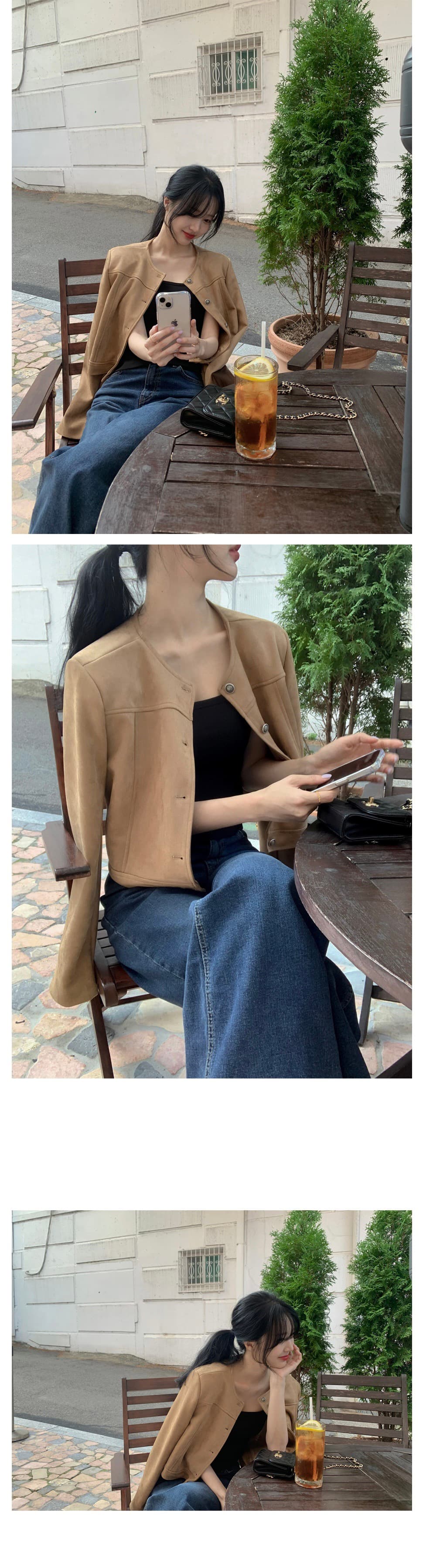 있음 선적 한 부서 캐주얼 스웨이드 원단 라운드 넥 긴팔 재킷 싱글 줄 버튼 상세 이미지 7