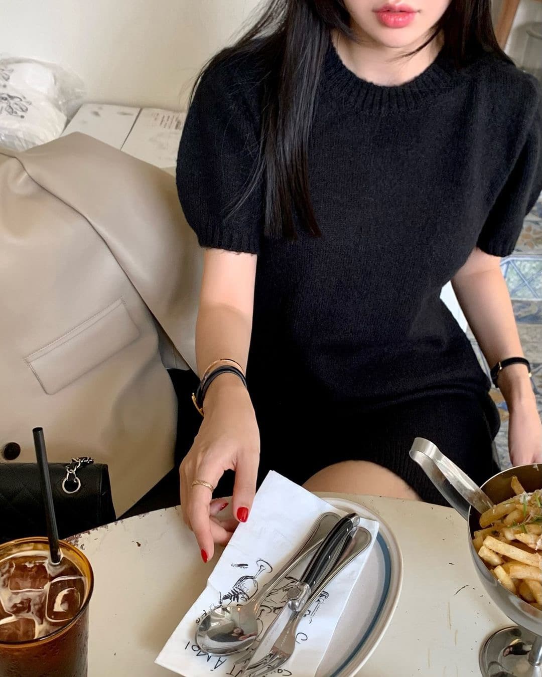 있음 선적 삼색 한 부서 라운드 넥 반팔 스웨터 원피스 이미지 3