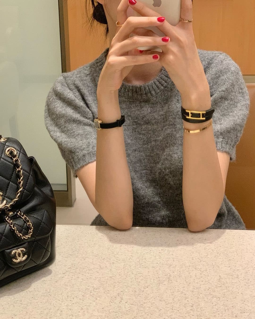 있음 선적 삼색 한 부서 라운드 넥 반팔 스웨터 원피스 상세 이미지 7
