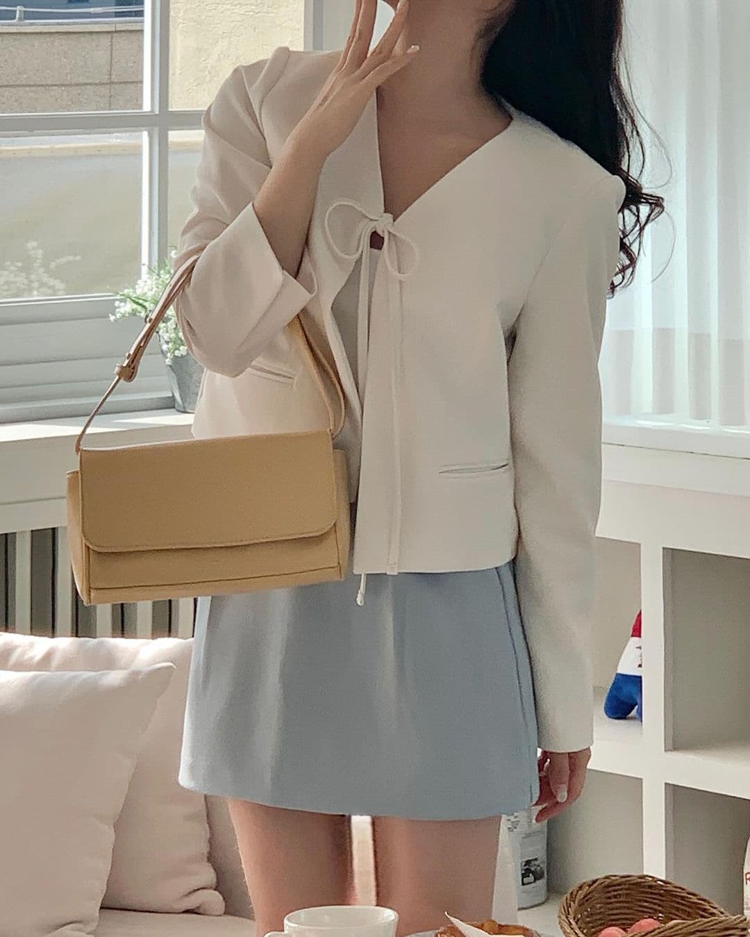 있음 선적 한 부서 부드러운 바람 이전 레이스업 V넥 긴팔 재킷 상세 이미지 3