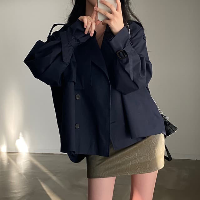 있음 선적 한 부서 폴로 칼라 루즈핏 쇼트 스타일 재킷 재킷 이중 버튼 이미지 4
