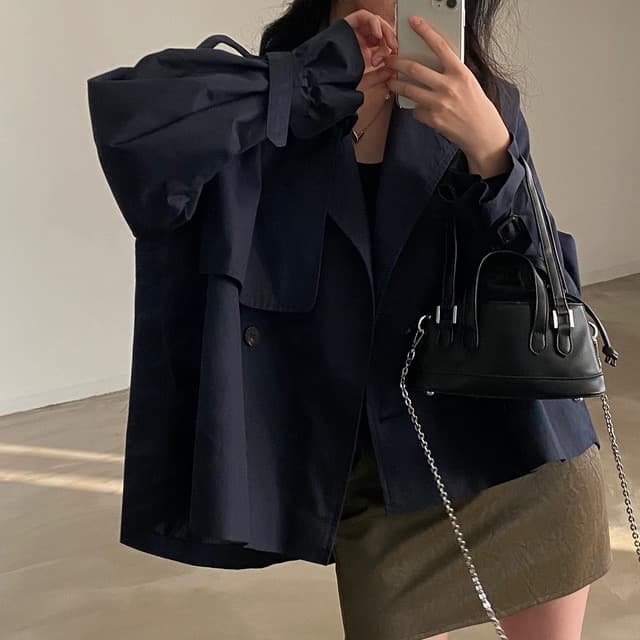 있음 선적 한 부서 폴로 칼라 루즈핏 쇼트 스타일 재킷 재킷 이중 버튼 상세 이미지 1