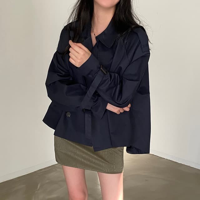 있음 선적 한 부서 폴로 칼라 루즈핏 쇼트 스타일 재킷 재킷 이중 버튼 상세 이미지 4
