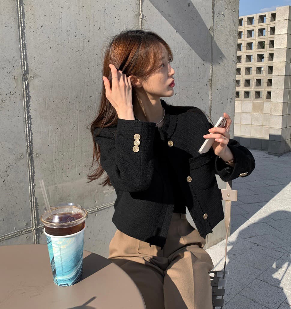 있음 선적 한 부서 미니멀리즘 라운드 넥 트위드 반드시 측면 길이 소매 재킷 이미지 3