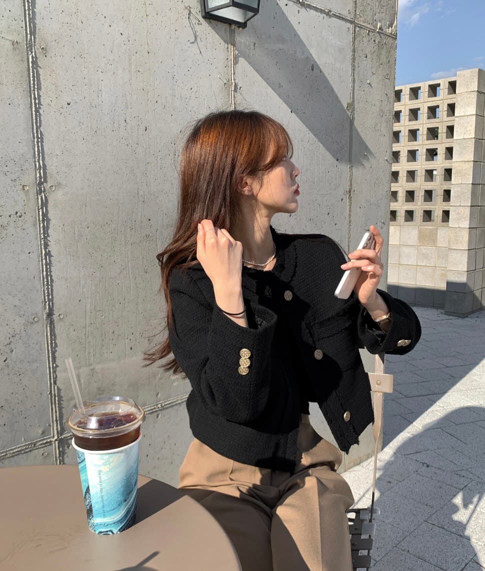있음 선적 한 부서 미니멀리즘 라운드 넥 트위드 반드시 측면 길이 소매 재킷 이미지 2