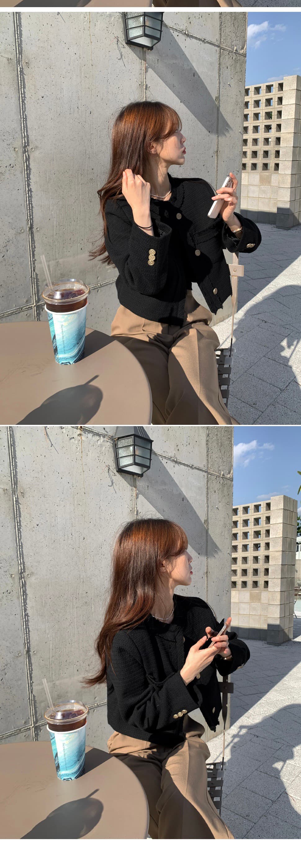 있음 선적 한 부서 미니멀리즘 라운드 넥 트위드 반드시 측면 길이 소매 재킷 상세 이미지 3