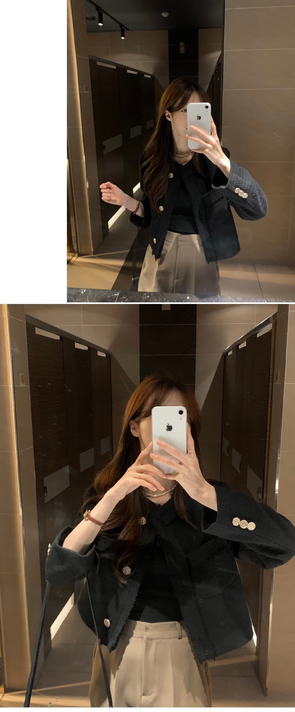있음 선적 한 부서 미니멀리즘 라운드 넥 트위드 반드시 측면 길이 소매 재킷 상세 이미지 4