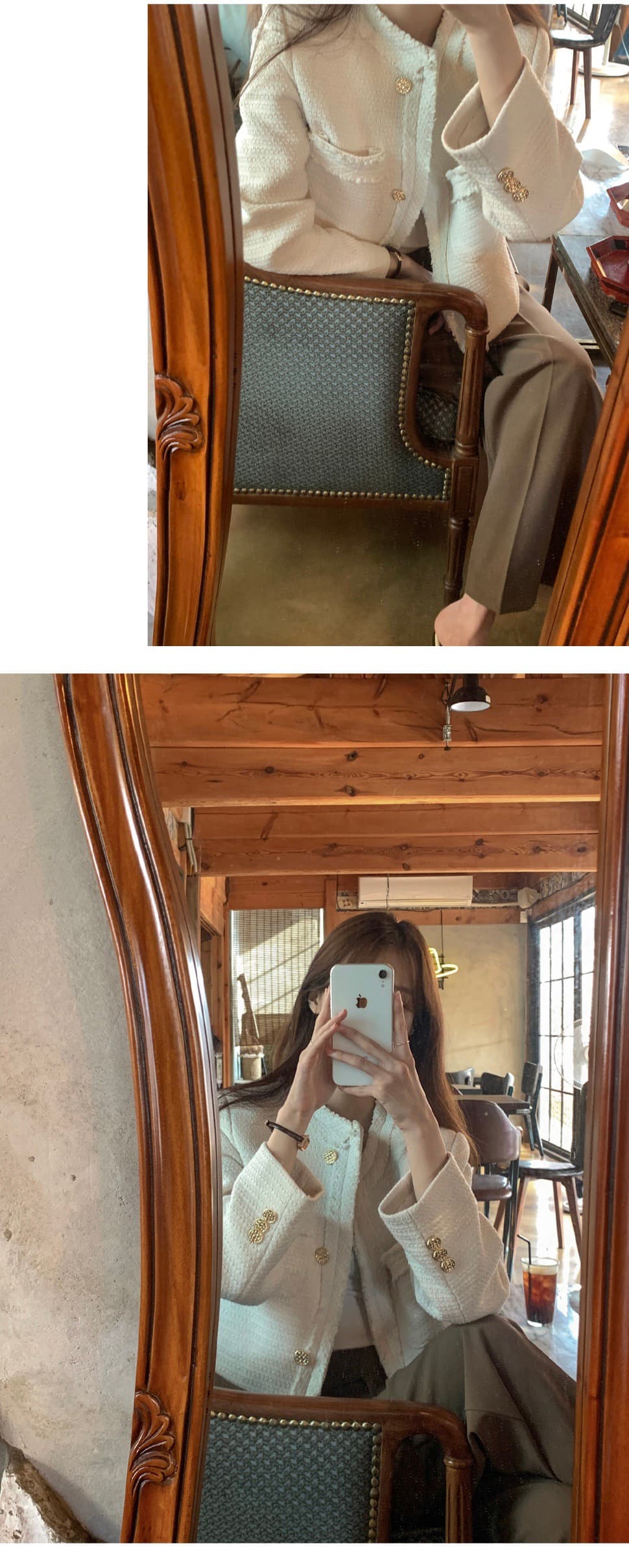 있음 선적 한 부서 미니멀리즘 라운드 넥 트위드 반드시 측면 길이 소매 재킷 상세 이미지 5