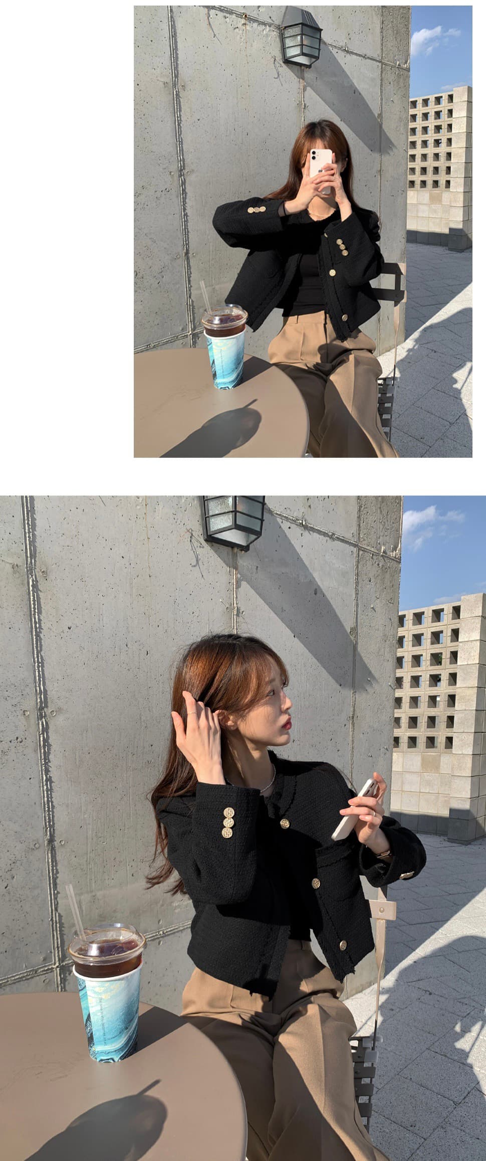 있음 선적 한 부서 미니멀리즘 라운드 넥 트위드 반드시 측면 길이 소매 재킷 상세 이미지 6