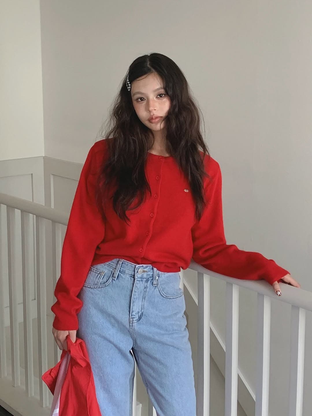 있음 선적 한 부서 삼색 미니멀리즘 캐주얼 라운드 넥 긴팔 털 니트 오픈 가디건 상세 이미지 14