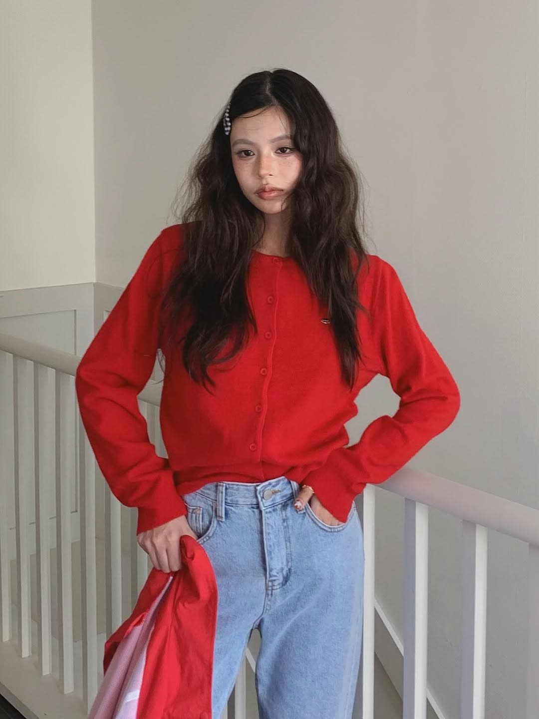 있음 선적 한 부서 삼색 미니멀리즘 캐주얼 라운드 넥 긴팔 털 니트 오픈 가디건 상세 이미지 18