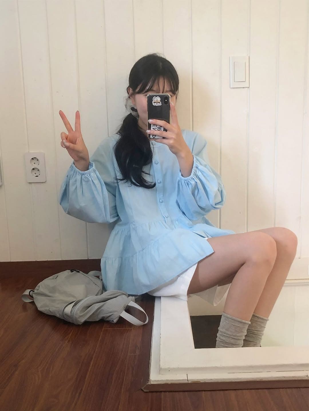 한 부서 연령 감소 라운드 넥 계단식 밑단 루즈핏 긴팔 맨위 이미지 2